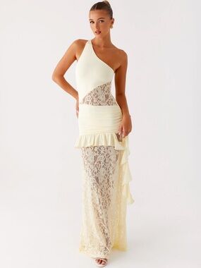 Yellow Lace Maxi Slip Dress with Ruffle Detail
